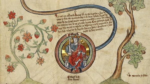 A medieval manuscript illustration showing a genealogical diagram. At the top, a crowned figure sits enthroned within a circular frame, from which decorative lines extend downward to five individual roundels, each containing a painted portrait with a coloured border. Below, the branching line continues to a larger roundel depicting another seated crowned figure. The background parchment includes handwritten Latin text, stylised flowering plants, and two trees flanking the lower section of the page. The artwork features rich reds, blues and golds typical of illuminated manuscripts.