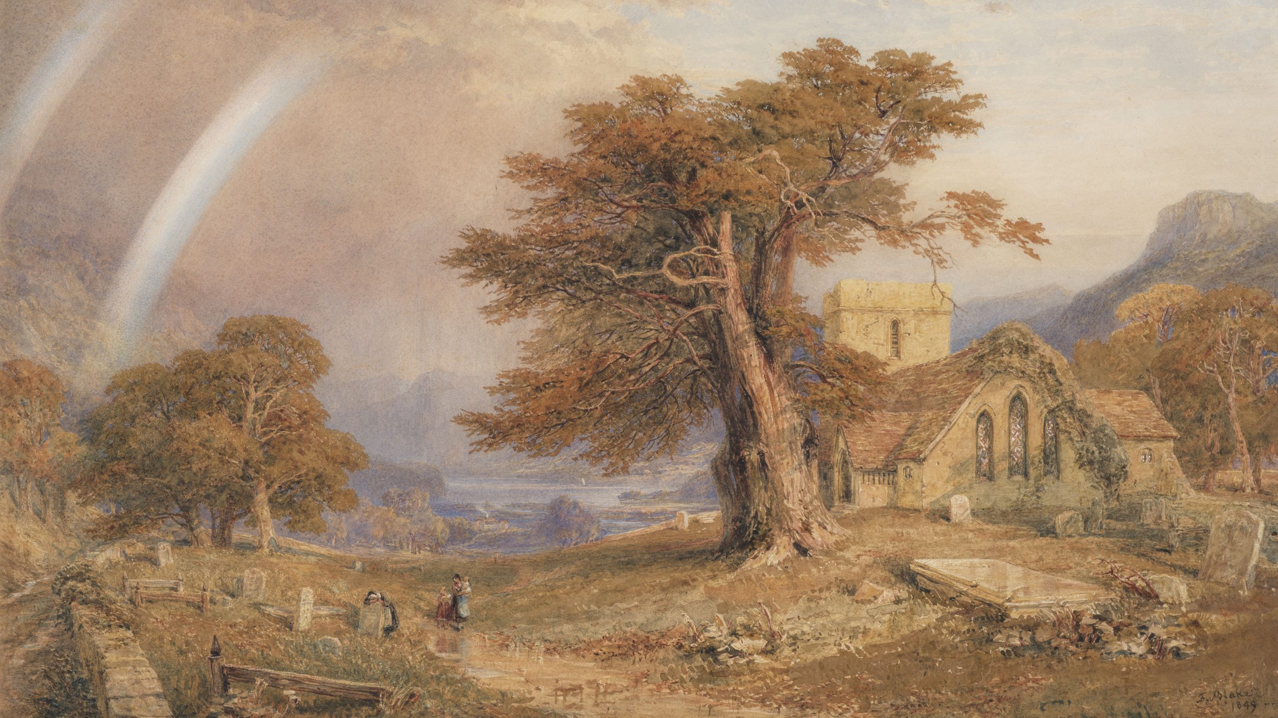 A landscape painting of Patterdale Church, with a tree, landscape and sky beyond