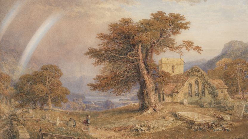 A landscape painting of Patterdale Church, with a tree, landscape and sky beyond