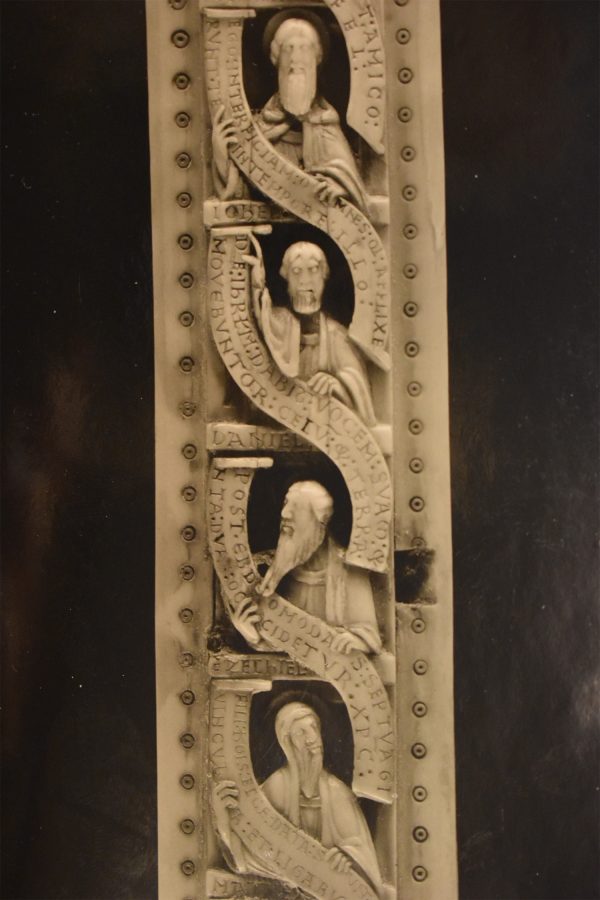 Detail of prophets, Cloisters Cross, dated here ca. 1150–60, walrus ivory.