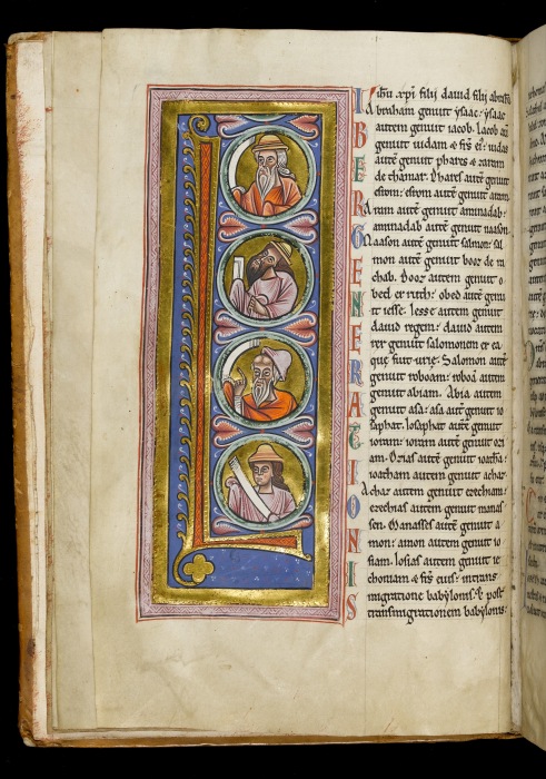 Initial L to Saint Matthew’s Gospel, with the Four Evangelists, frontispiece to a gospel book, probably made for the Abbey of Le Parc at Louvain, mid-12th century.
