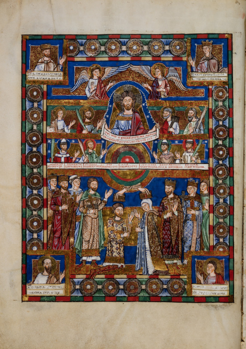 Christ, saints, and Henry the Lion and Matilda of England and their families, from the Gospel Book of Henry the Lion and Matilda of England, ca. 1188. Herzog August Bibliothek, Wolfenbüttel, Cod. Guelf. 105 Noviss. 2o, fol. 171v. Artwork in the public domain, courtesy of Herzog August Bibliothek