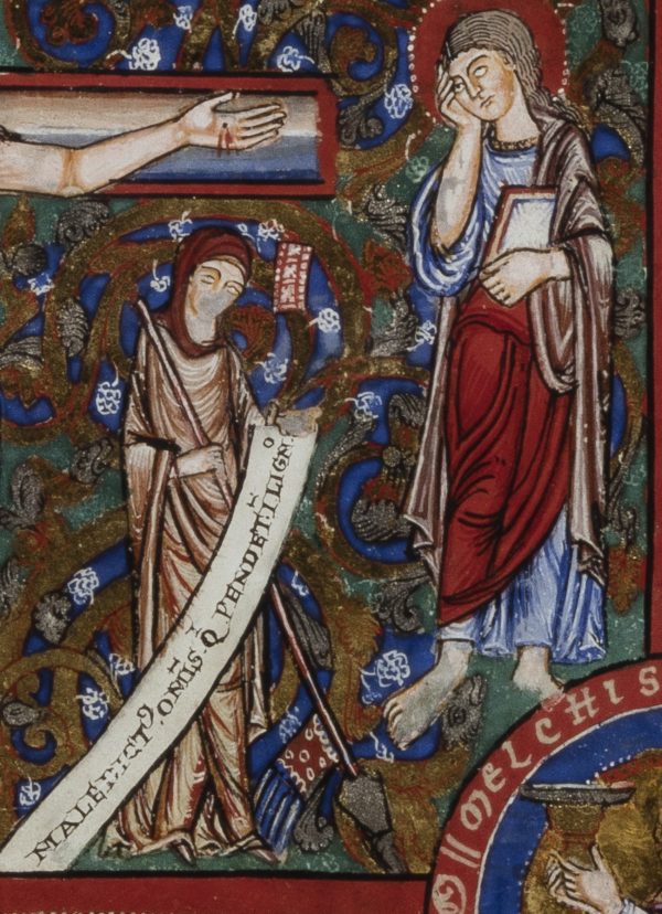 Page from the Gospel Book of Henry the Lion and Matilda of England, ca. 1188: a) the Flagellation and Crucifixion of Christ, and b) detail of Synagoga.