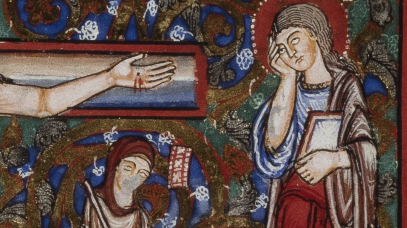 Page from the Gospel Book of Henry the Lion and Matilda of England, ca. 1188: a) the Flagellation and Crucifixion of Christ, and b) detail of Synagoga.
