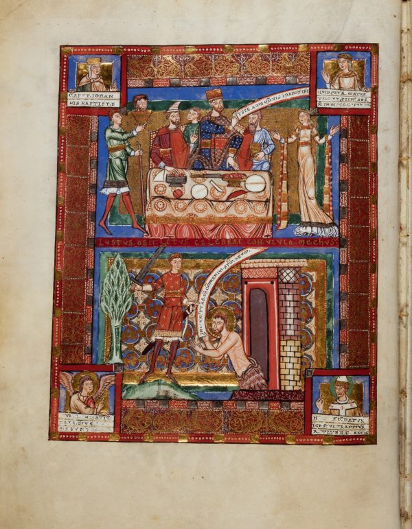 Herod’s Feast, from the Gospel Book of Henry the Lion and Matilda of England, ca. 1188. Herzog August Bibliothek, Wolfenbüttel, Cod. Guelf. 105 Noviss. 2, fol. 73v. Artwork in the public domain, courtesy of Herzog August Bibliothek