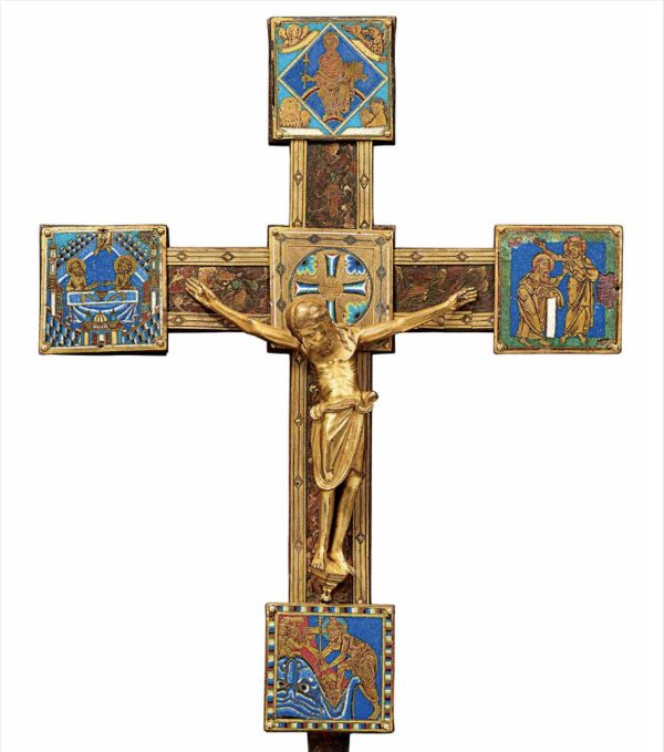 Processional Cross, Hildesheim, 1190s, copper alloy, gilding, champlevé enamel with a wood core. Basilica of St Godehard, Hildesheim. Artwork in the public domain