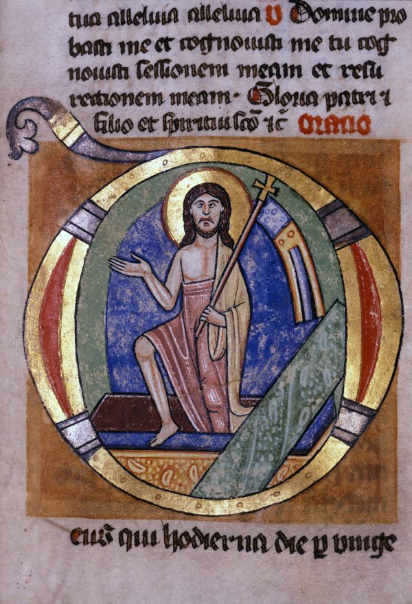 Illuminated initial, Resurrection of Christ, from the Ratmann Sacramentary, Hildesheim, 1159. Dom-Museum, Hildesheim, DS 37, fol. 75r. Artwork in the public domain, © Dom-Museum