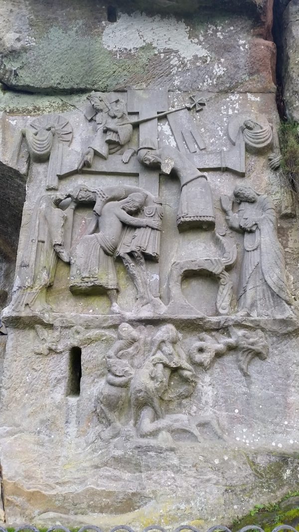 Deposition and Ascension, sculpted wall face, 1160/70, Externsteine, Teutoburg Forest, Lippe. Artwork in the public domain; photograph by the author