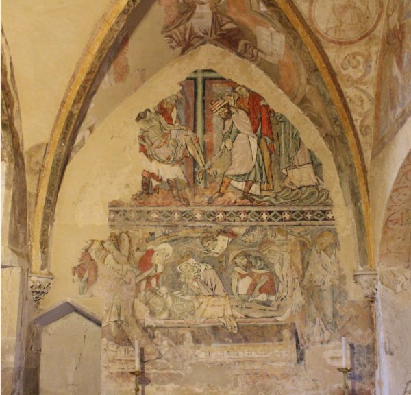 Deposition, Lamentation and Embalming, Maries at the Tomb, and the Harrowing of Hell, ca. 1180s, fresco. East wall, Holy Sepulchre Chapel, Winchester Cathedral.