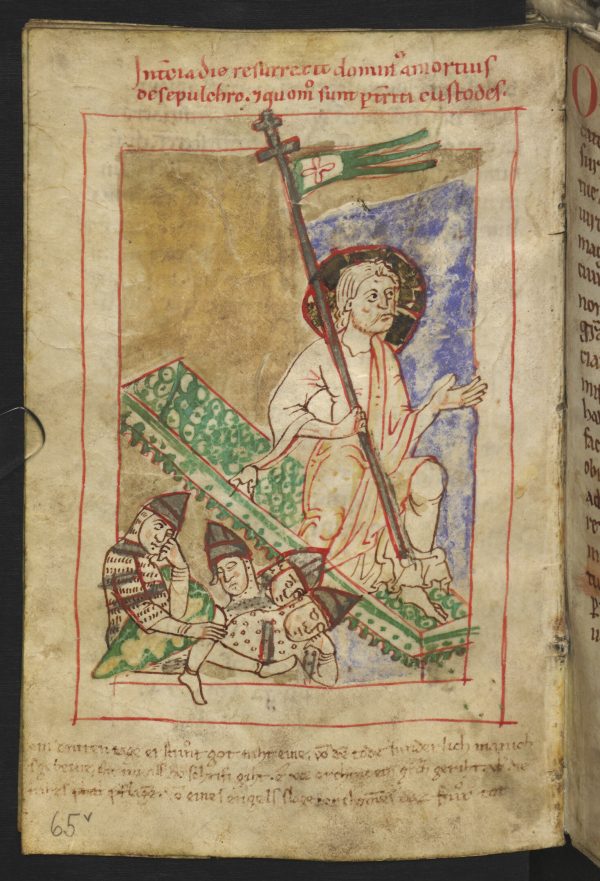 Sleeping soldiers and the Resurrection of Christ, from a prayer book, second half of the 12th century. Österreichische Nationalbibliothek, Vienna, Cod.2739*, fol. 65v. Artwork in the public domain, © Österreichische Nationalbibliothek