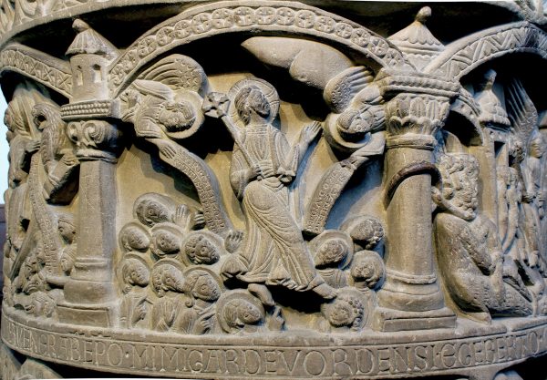 Ascension of Christ, stone baptismal font, late 12th–early 13th century. Collegiate Church of St Boniface, Freckenhorst. Artwork in the public domain, © Baptisteria Sacra Index; photograph courtesy of Harriet Sonne de Torrens