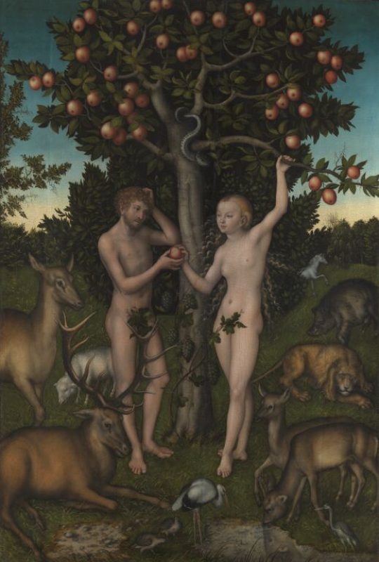 Eve seductively hands Adam the Forbidden Fruit while they stand in a garden surrounded by animals.