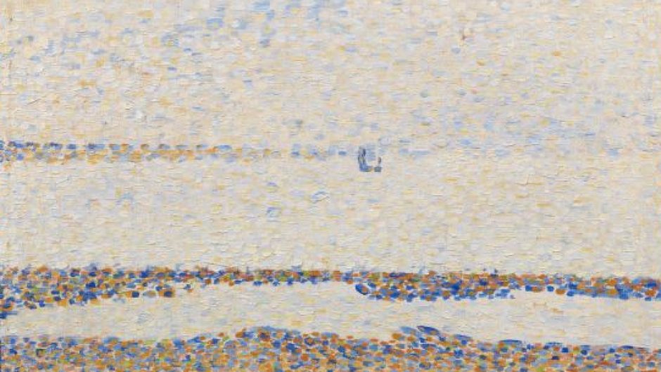 An oil painting by Seurat in his classic pointillism style of a beach with a large stretch of water and sky in the distance.