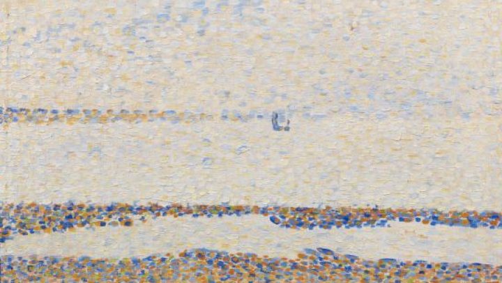 An oil painting by Seurat in his classic pointillism style of a beach with a large stretch of water and sky in the distance.