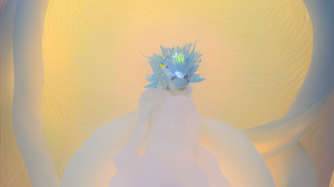 A softly lit sculptural artwork featuring a pale, translucent creature with elongated limbs, posed over a rippled, pool‑like base. Its upper body rises into a misty, cloud‑like form, topped with a bright, glowing, spiky headpiece. Pastel yellow and orange light surrounds the figure.