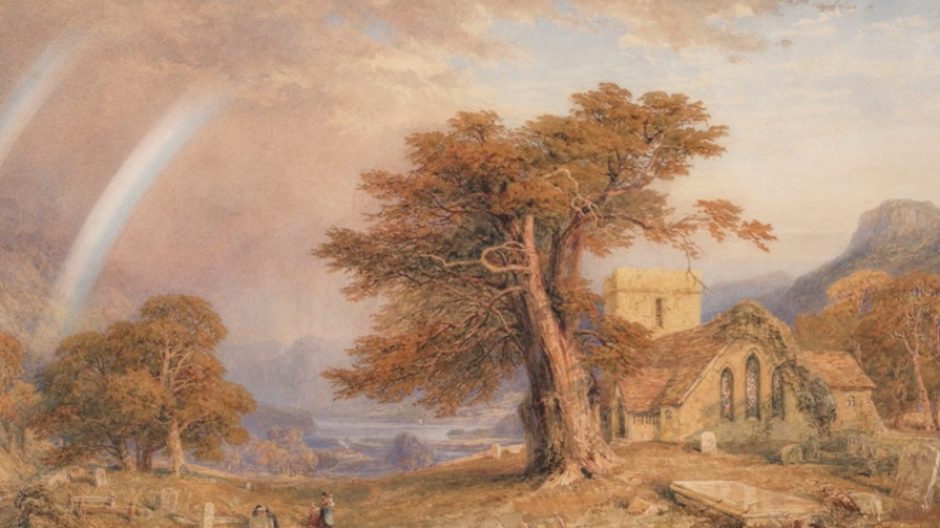 Pastoral painting of church and large tree, with a rainbow in the sky