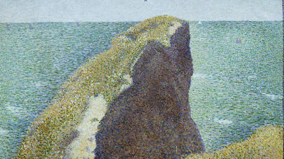 A serene seascape in Georges Seurat's signature Pointillist style. Tiny dots of color coalesce to form a dramatic cliff face overlooking a tranquil sea. The scene evokes a sense of peace and grandeur.