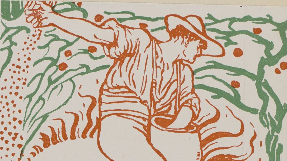Detail of a woodcut showing a person wearing a hat and sowing seeds.