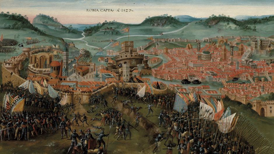 A Renaissance-style painting showing an army besieging the city of Rome. Soldiers carrying colourful banners and pikes gather in the foreground, while the densely built city with red rooftops stretches across the middle ground. Key monuments and fortifications are visible, with rolling green hills and a cloudy sky in the distance. The scene depicts the 1527 Sack of Rome.