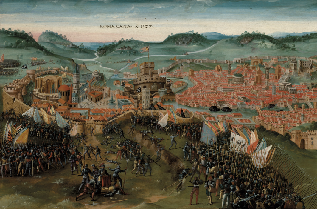 A Renaissance-style painting showing an army besieging the city of Rome. Soldiers carrying colourful banners and pikes gather in the foreground, while the densely built city with red rooftops stretches across the middle ground. Key monuments and fortifications are visible, with rolling green hills and a cloudy sky in the distance. The scene depicts the 1527 Sack of Rome.