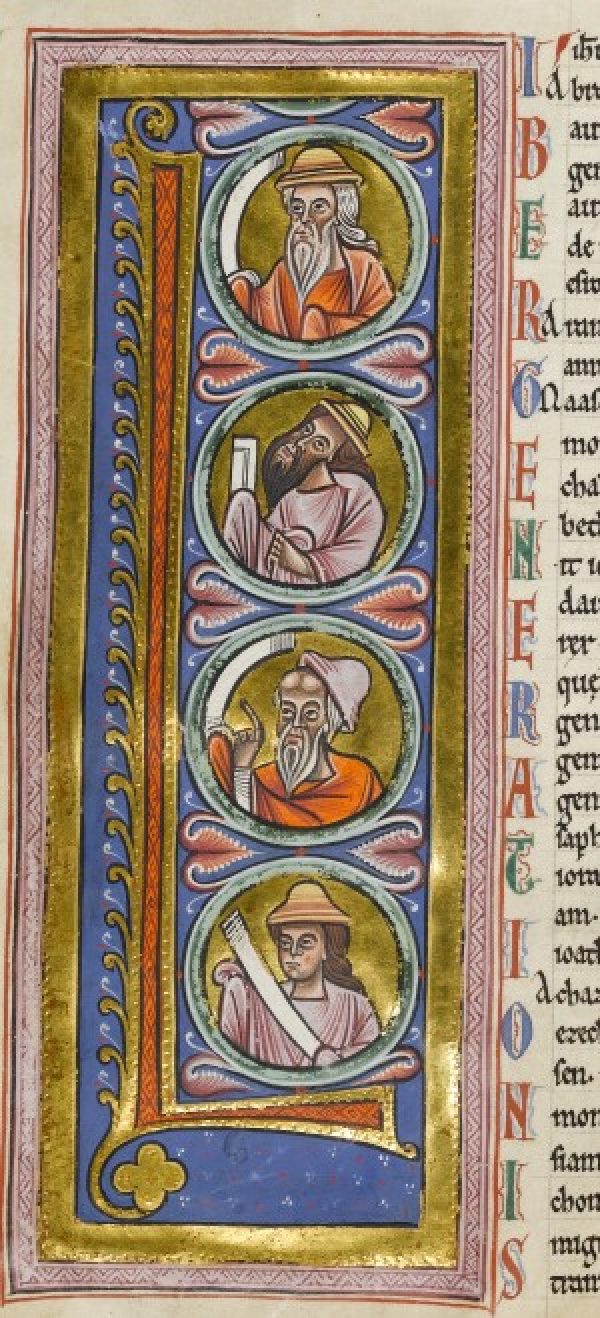 Initial L to Saint Matthew’s Gospel, with the Four Evangelists, frontispiece to a gospel book, probably made for the Abbey of Le Parc at Louvain, mid-12th century.