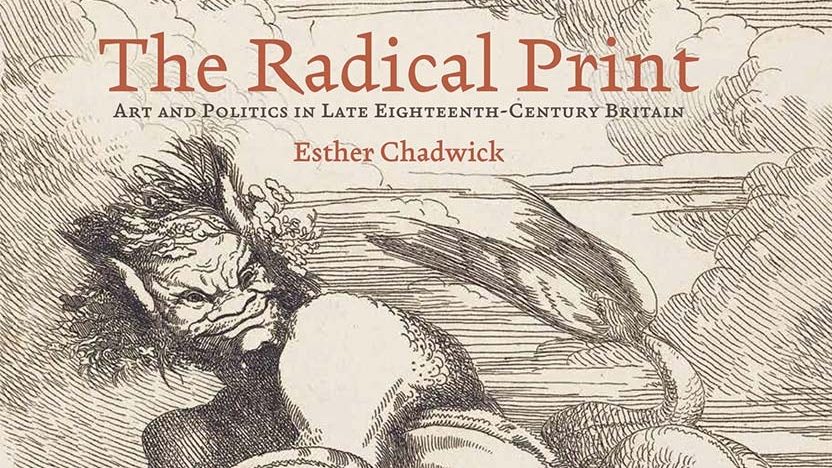 Book cover of 'The Radical Print' showing a drawing of a mythical beast on a beach.