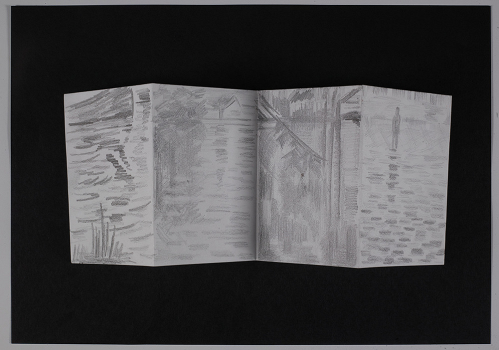 A grayscale pencil sketch of a landscape framed by two black horizontal bars.