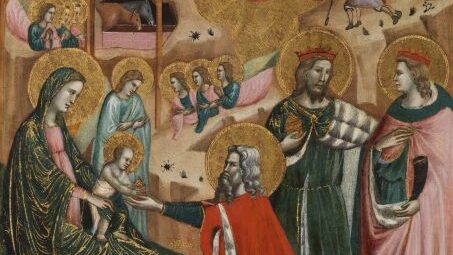 Man kneels at Virgin Mary's feet