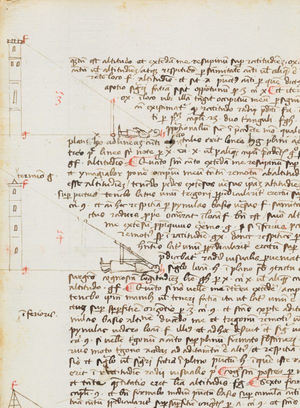 A manuscript page featuring handwritten text in brown ink with occasional red annotations. Along the left margin are two simple line drawings of tall, rectangular towers. Each tower is connected by diagonal sight‑lines to small sketches of a measuring device or viewing instrument positioned on the right. The diagrams appear to illustrate principles of perspective or measurement alongside the written notes.