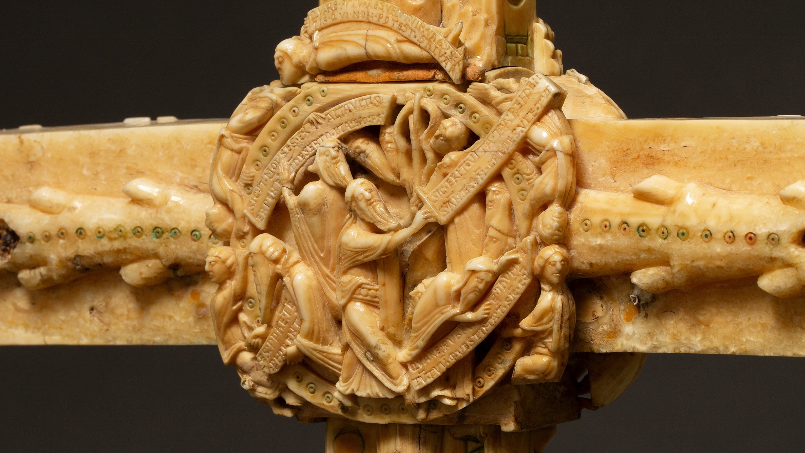 Moses and the Serpent, front central roundel, Cloisters Cross, dated here ca. 1188, walrus ivory.
