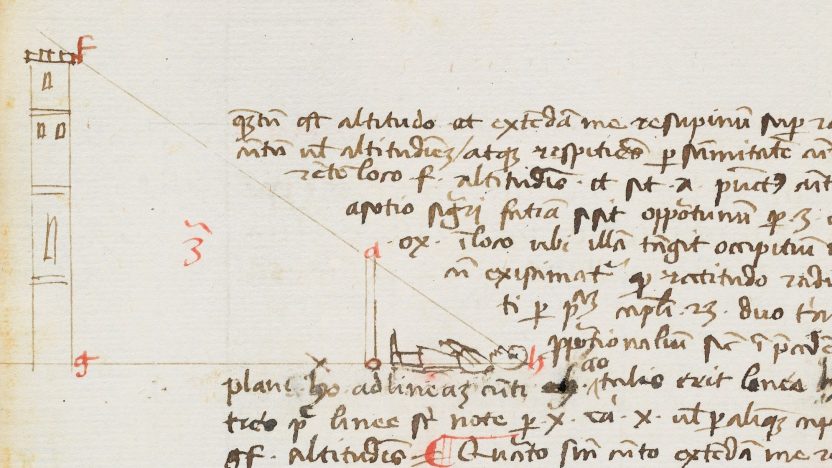 A manuscript page featuring handwritten text in brown ink with occasional red annotations. Along the left margin are two simple line drawings of tall, rectangular towers. Each tower is connected by diagonal sight‑lines to small sketches of a measuring device or viewing instrument positioned on the right. The diagrams appear to illustrate principles of perspective or measurement alongside the written notes.