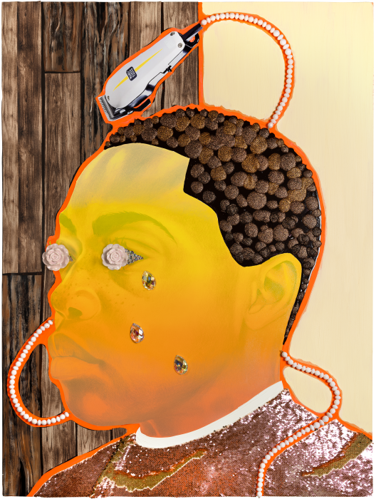 A mixed-media painting featuring the outlined figure of a person, painted in bright orange hues, with textured hair. A hair clipper is positioned above the head, with its cord, made out of plastic beads, looping around the composition. The background combines wood‑panel textures and light-coloured surfaces. There are costume jewellery elements collaged onto the eyes and cheeks of the figure, as if crying diamonds.