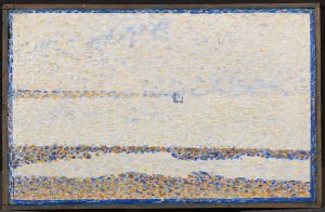 A tranquil harbor scene at Gravelines: a wide expanse of pale blue water meets a low horizon of land and sky.