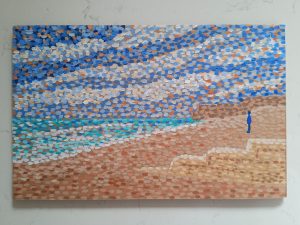 a pointillist painting of a person standing on a beach looking into the horizon.