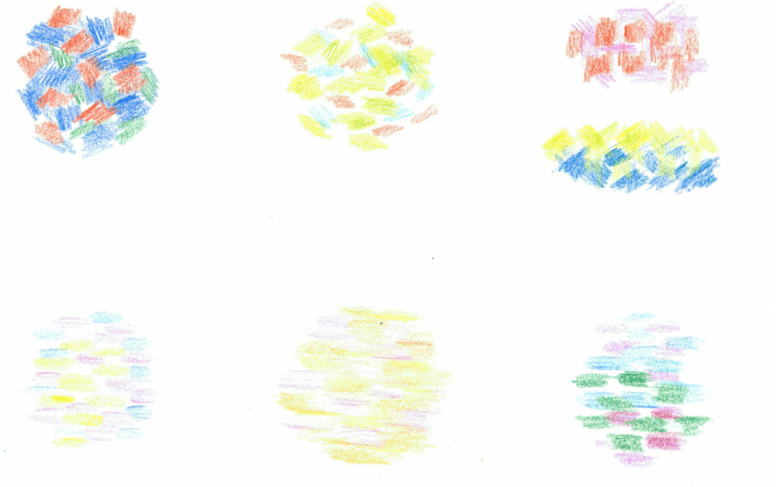 Six circular clusters of multicolored brush strokes arranged in two rows.