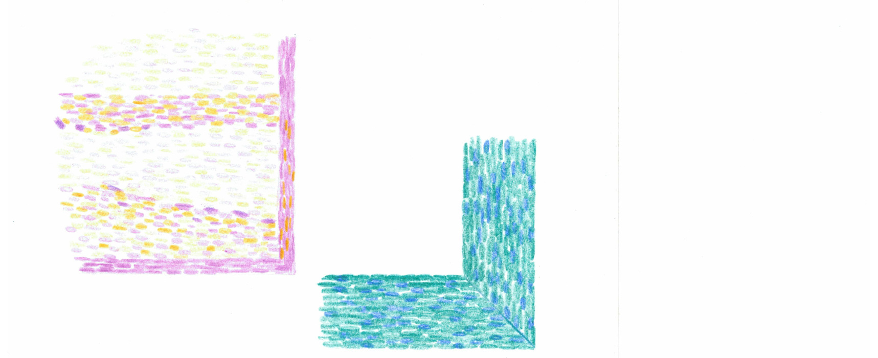 Two L-shaped abstract forms made of colorful brush strokes, one pink and yellow, the other blue and green.