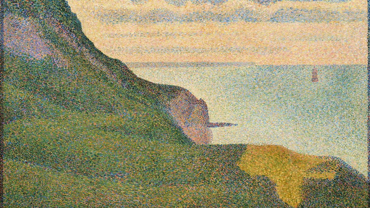 A painting of Seascape at Port-en-Bessin, Normandy, a green cliff overlooking the blue sea with clouds in the sky