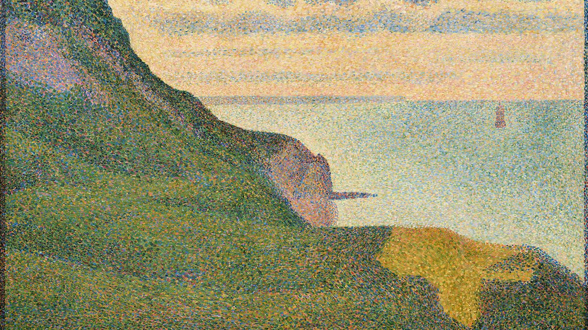 A painting of Seascape at Port-en-Bessin, Normandy, a green cliff overlooking the blue sea with clouds in the sky