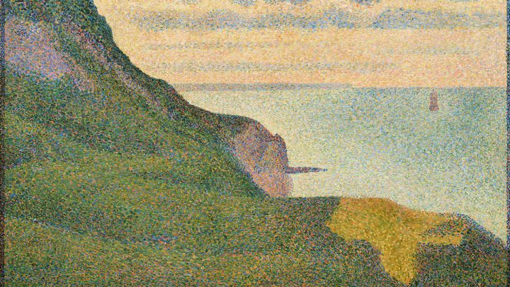 A painting of Seascape at Port-en-Bessin, Normandy, a green cliff overlooking the blue sea with clouds in the sky