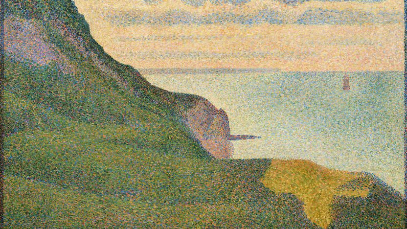 A painting of Seascape at Port-en-Bessin, Normandy, a green cliff overlooking the blue sea with clouds in the sky