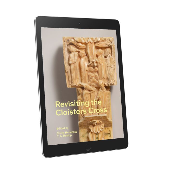 an ipad displays the front cover of the book 'Revisiting the Cloisters Cross' CBO 2026