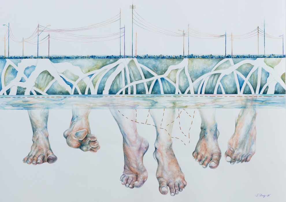 An artwork showing telephone lines and street lights, underneath which is root-like structures, a water-like line of colours, and below this, three pairs of feet pointing downward