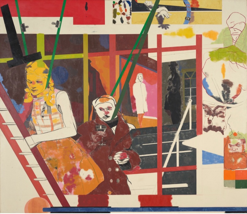 An abstract style painting of multiple colours, creating the impression of two people in the foreground and buildings behind them