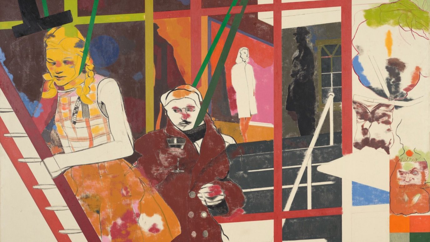 An abstract style painting of multiple colours, creating the impression of two people in the foreground and buildings behind them