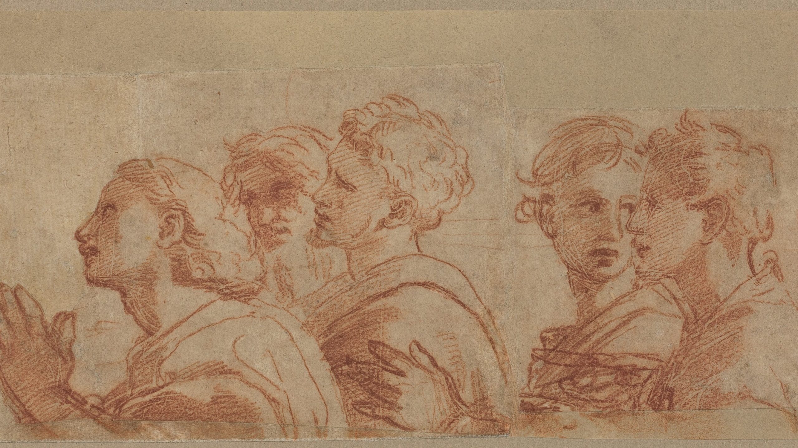 This drawing by Raphael is a sketch of several people facing the left, depicted from the chest up. The individuals are standing together in a group. Their hair is in a variety of styles, and they are dressed in draped garments. The person at the front of the group has their hands clasped together in front of their chest. The background is plain beige paper, and the lines of the drawing have been done in red.