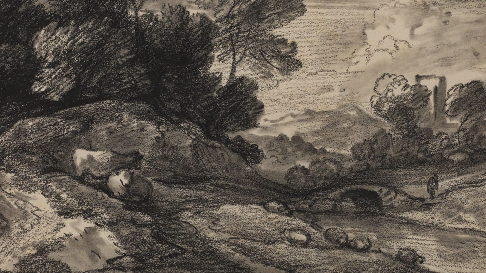 black and white chalk on cream paper, landscape with gentle rolling hills, with a stream and bridge.