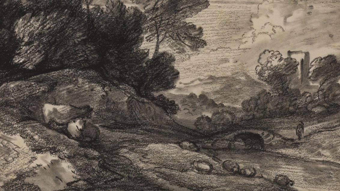 black and white chalk on cream paper, landscape with gentle rolling hills, with a stream and bridge.