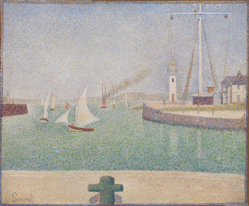 Painting of a port scene with sailing boats in a blue-green harbour, and land on the right with a lighthouse, large mast, and small house. The forefront has a stretch of land with a ship bollard visible. Seurat's pointillist technique is clear.