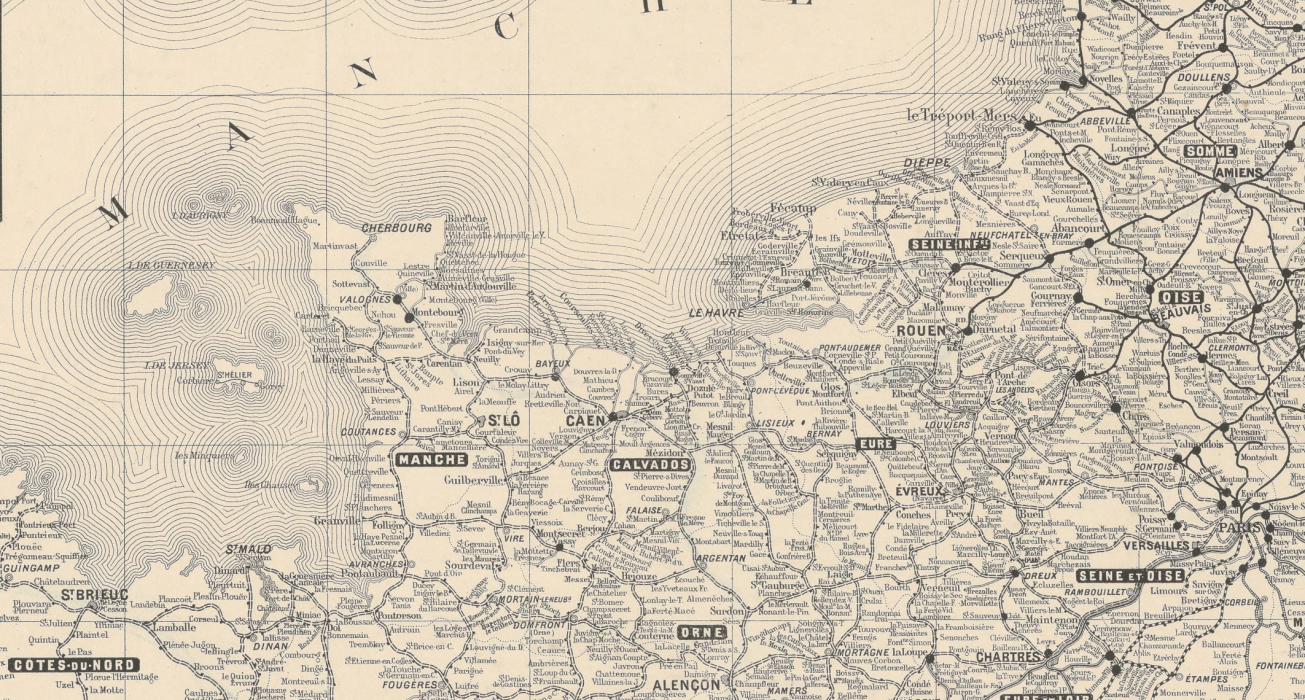 Map of Normandy and northern France showing Honfleur and Le Havre