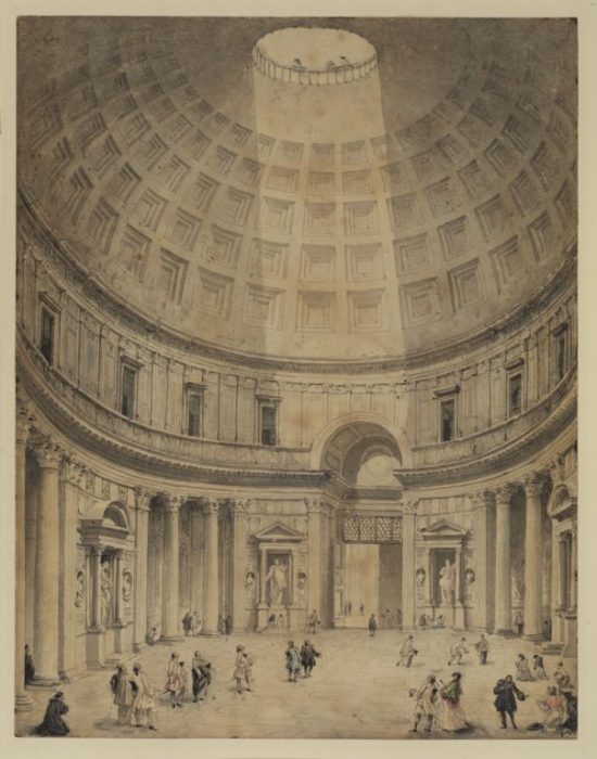 In the Pantheon in Rome, a light shines down onto people below